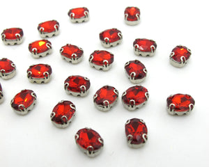 10 Pieces 6x8mm Octagon Red Tiny Sew On Rhinestones|Glass Stones|Metal Claw Clasp|4 Hole Silver Setting|Bead Jewelry Supplies Decoration