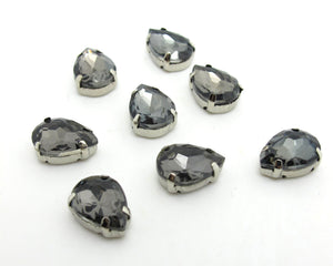 10 Pieces 10x14mm Teardrop Grey Sew On Rhinestones|Glass Stones|Metal Claw Clasp|4 Hole Silver Setting|Bead Jewelry Supplies Decoration