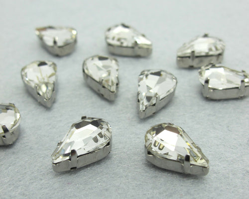 10 Pieces 8x13mm Teardrop Transparent Sew On Rhinestones|Glass Stone|Metal Claw Clasp|4 Hole Silver Setting|Bead Jewelry Supplies Decoration