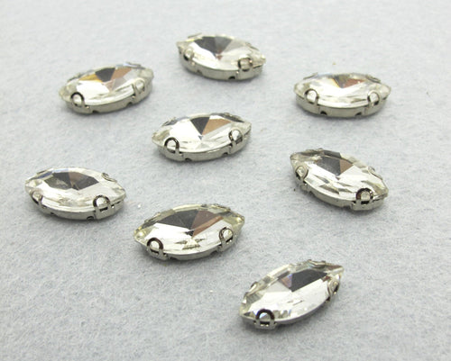 10 Pieces 7x15mm Transparent Navatte Sew On Rhinestones|Glass Stones|Metal Claw Clasp|4 Hole Silver Setting|Bead Jewelry Supplies Decoration