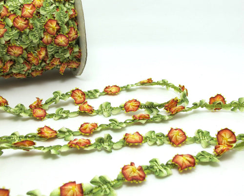 2 Yards Orange Ombre Flower Woven Rococo Ribbon Trim|Decorative Floral Ribbon|Scrapbook Materials|Decor|Craft Supplies