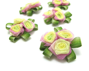 3 Pieces Flower Applique with Leaf Loop|Delicate Embellishment|Rosette Rose Flower|Baby Doll Quilting|Flower Boutique|Decorative Flower