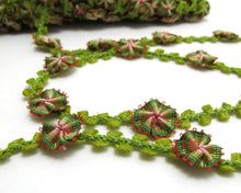 Load image into Gallery viewer, 2 Yards Woven Rococo Ribbon Trim with Green Ombre Flower Buds|Decorative Floral Ribbon|Scrapbook Materials|Clothing|Decor|Craft Supplies