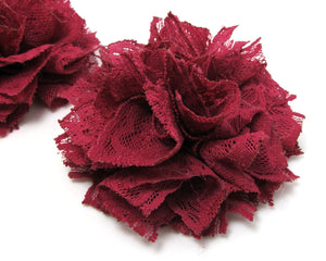 3 15/16 Inches Pleated Lace Flower|Burgundy Wine Lace Flower Applique|Hair Supplies|Decorative Flower|Scrapbook Embellishment