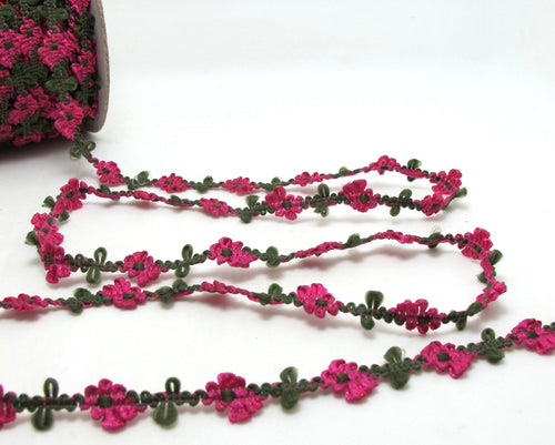 2 Yards Woven Rococo Ribbon Trim|Fuchsia and Green|Decorative Floral Ribbon|Scrapbook Materials|Clothing|Decor|Craft Supplies