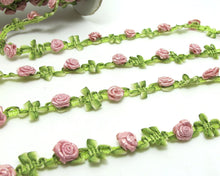 Load image into Gallery viewer, 2 Yards Woven Rococo Ribbon Trim with Pink Satin Rose Flower Buds|Decorative Floral Ribbon|Scrapbook Materials|Clothing|Decor|Craft Supplies