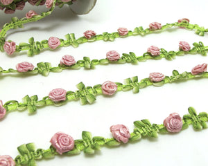 2 Yards Woven Rococo Ribbon Trim with Pink Satin Rose Flower Buds|Decorative Floral Ribbon|Scrapbook Materials|Clothing|Decor|Craft Supplies
