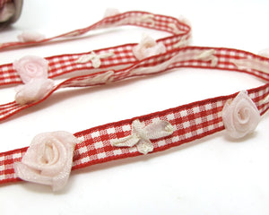 2 Yards Red Checkered Ribbon Trim with Pink Rose Flower Buds and Embroidery|Decorative Floral Ribbon|Scrapbook Materials|Clothing|Decor