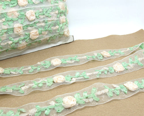 1 Inch Embroidered Floral Chiffon Organza Ribbon Trim|Hand Woven Floral Pattern|Unique|Special|Colorful|Craft Supplies DIY