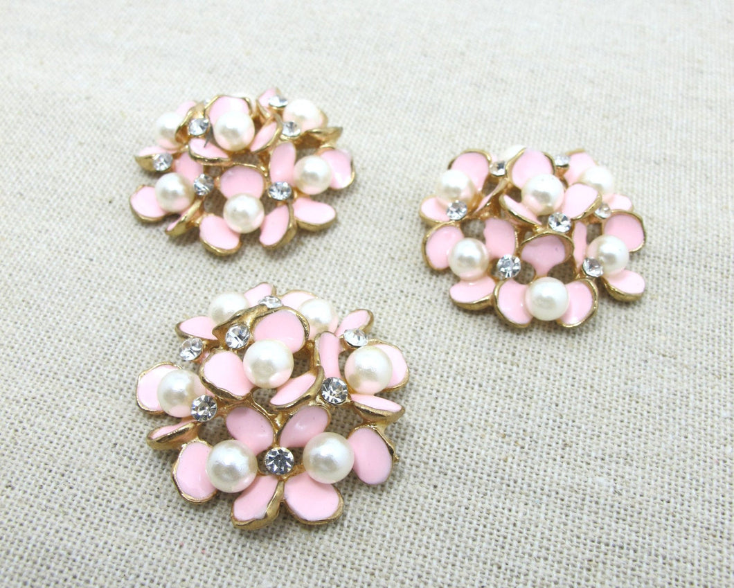 2 Pieces 1 5/16 Inches Pink Gold Metal Floral Cluster Buttons with Rhinestone and Pearls|Flower Button|Sew On Stone Button|Decorative Button