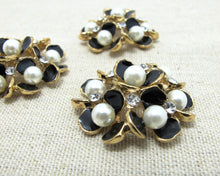 画像をギャラリービューアに読み込む, 2 Pieces 1 5/16 Inches Black Gold Metal Floral Cluster Buttons with Rhinestone and Pearls|Flower Button|Sew On Button|Decorative Button