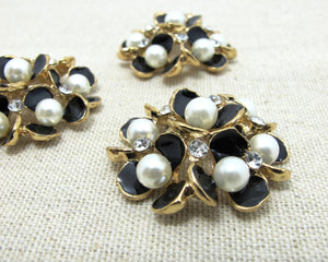 2 Pieces 1 5/16 Inches Black Gold Metal Floral Cluster Buttons with Rhinestone and Pearls|Flower Button|Sew On Button|Decorative Button