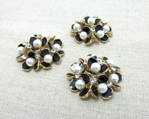 2 Pieces 1 5/16 Inches Black Gold Metal Floral Cluster Buttons with Rhinestone and Pearls|Flower Button|Sew On Button|Decorative Button