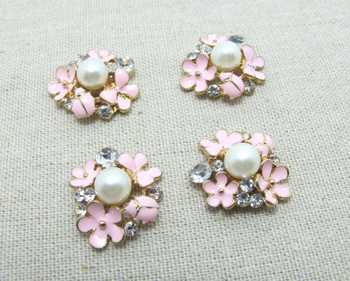 2 Pieces 7/8 Inch Pink Gold Metal Floral Cluster Buttons with Rhinestone and Pearls|Flower Button|Sew On Stone Button|Decorative Button