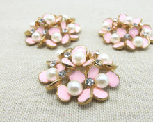 画像をギャラリービューアに読み込む, 2 Pieces 1 5/16 Inches Pink Gold Metal Floral Cluster Buttons with Rhinestone and Pearls|Flower Button|Sew On Stone Button|Decorative Button