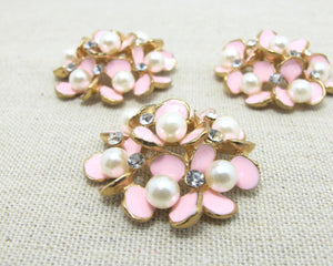 2 Pieces 1 5/16 Inches Pink Gold Metal Floral Cluster Buttons with Rhinestone and Pearls|Flower Button|Sew On Stone Button|Decorative Button