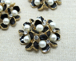 2 Pieces 1 5/16 Inches Black Gold Metal Floral Cluster Buttons with Rhinestone and Pearls|Flower Button|Sew On Button|Decorative Button