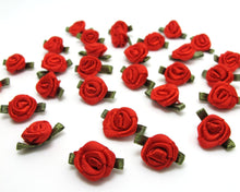 Load image into Gallery viewer, 30 Pieces Red Satin Rose Flower Buds with Leaf Loop|Solid Color|Flower Applique|Fabric Flower|Baby Doll|Craft Bow|Accessories Making