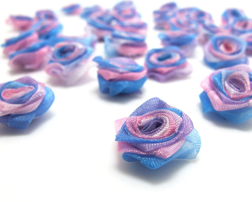 30 Pieces Large Chiffon Rose Flower Buds|Ombre Color|Blue|Purple|Flower Applique|Fabric Flower|Baby Doll|Craft Bow|Accessories Making