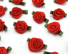 Charger l&#39;image dans la galerie, 30 Pieces Red Satin Rose Flower Buds with Leaf Loop|Solid Color|Flower Applique|Fabric Flower|Baby Doll|Craft Bow|Accessories Making