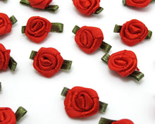 Load image into Gallery viewer, 30 Pieces Red Satin Rose Flower Buds with Leaf Loop|Solid Color|Flower Applique|Fabric Flower|Baby Doll|Craft Bow|Accessories Making