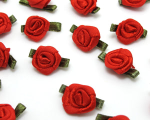 30 Pieces Red Satin Rose Flower Buds with Leaf Loop|Solid Color|Flower Applique|Fabric Flower|Baby Doll|Craft Bow|Accessories Making