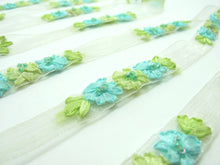 Load image into Gallery viewer, 3/4 inch Embroidered Floral Chiffon Ribbon Trim|Three Flowers in a Row with Beads Center|Unique|Colorful|Woven Chiffon Organza Ribbon
