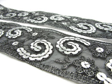 Load image into Gallery viewer, 2 1/16 Inches Silver and Black Sequined and Thread Edged Embroidered Ribbon Trim|Beaded Embroidered Trim|Craft Supplies|Scrapbooking