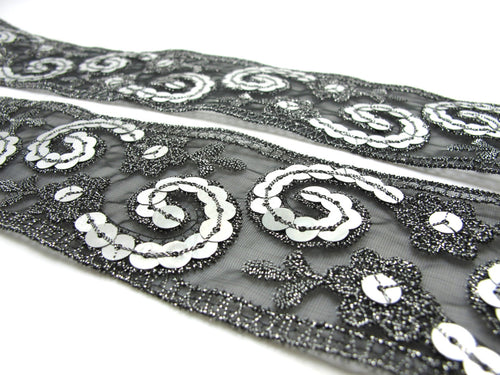 2 1/16 Inches Silver and Black Sequined and Thread Edged Embroidered Ribbon Trim|Beaded Embroidered Trim|Craft Supplies|Scrapbooking