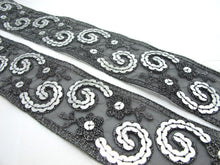 Load image into Gallery viewer, 2 1/16 Inches Silver and Black Sequined and Thread Edged Embroidered Ribbon Trim|Beaded Embroidered Trim|Craft Supplies|Scrapbooking