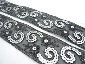 2 1/16 Inches Silver and Black Sequined and Thread Edged Embroidered Ribbon Trim|Beaded Embroidered Trim|Craft Supplies|Scrapbooking