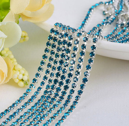 2 Meters 2.5mm/2.8mm/3.0mm Turquoise Rhinestone Chain on Silver Setting|Wedding Bridal Supplies|Jewelry Making|Decoration