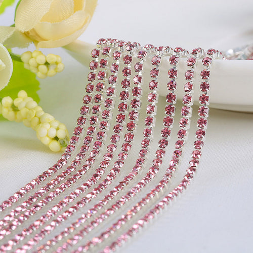 2 Meters 2.5mm/2.8mm/3.0mm Pink Rhinestone Chain on Silver Setting|Wedding Bridal Supplies|Jewelry Making|Decoration