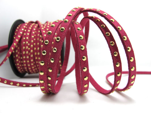 2 Yards 5mm Fuchsia Studded Faux Suede Leather Cord|Fuchsia|Gold Studs|Faux Leather String Jewelry Findings|Microfiber Craft Supplies