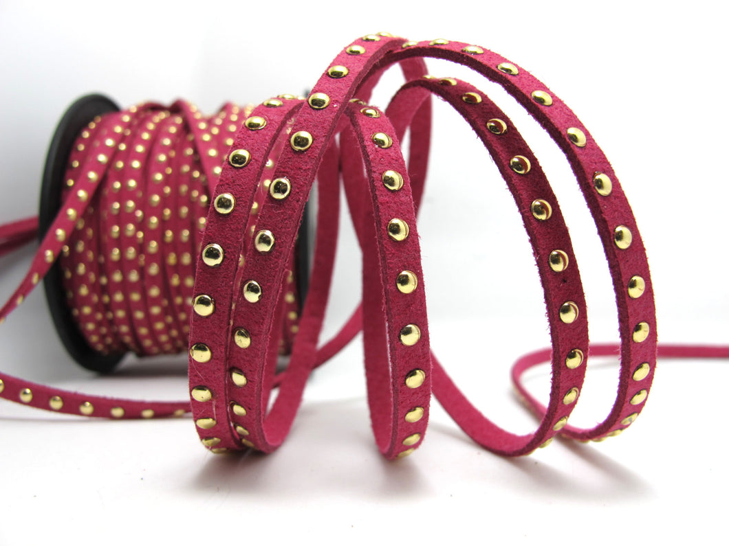 2 Yards 5mm Fuchsia Studded Faux Suede Leather Cord|Fuchsia|Gold Studs|Faux Leather String Jewelry Findings|Microfiber Craft Supplies