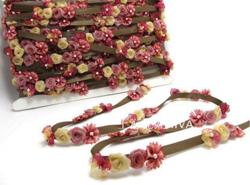 Burgundy & Brown Flower Rococo Ribbon Trim|Decorative Floral Ribbon|Scrapbook Materials|Clothing|Decor|Craft Supplies