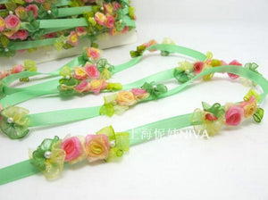 Green & Pink Flower Rococo Ribbon Trim|Decorative Floral Ribbon|Scrapbook Materials|Clothing|Decor|Craft Supplies