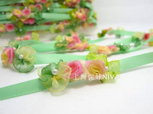 Green & Pink Flower Rococo Ribbon Trim|Decorative Floral Ribbon|Scrapbook Materials|Clothing|Decor|Craft Supplies