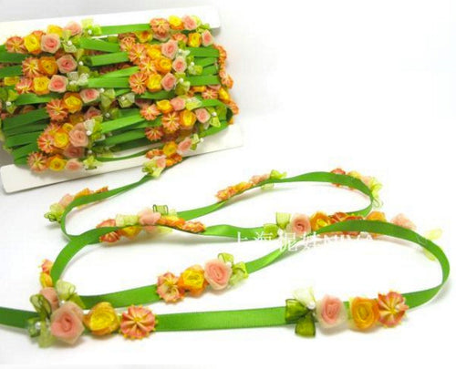 Green & Orange Flower Rococo Ribbon Trim|Decorative Floral Ribbon|Scrapbook Materials|Clothing|Decor|Craft Supplies