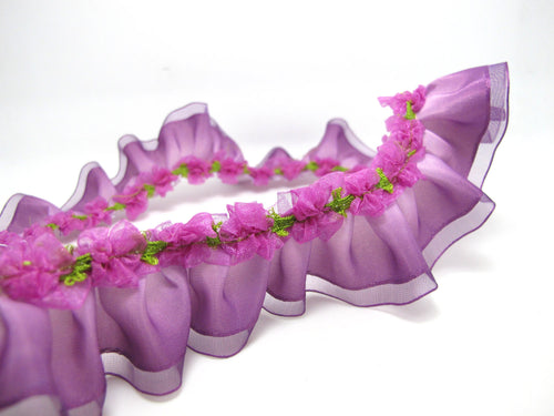 1 5/8 Inch Purple Ombre Pleated Printed Polyester Ribbon with Woven Rosette Trim|Headband Supplies|Hair Embellishment|Decorative Supplies