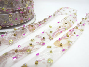 5/8 Inch Light Purple Beaded and Sequined Floral Embroidered Chiffon Ribbon|Beaded Embroidered Trim|Organza Trim|Craft Supplies|Scrapbooking