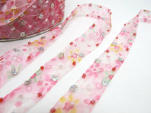 画像をギャラリービューアに読み込む, 5/8 Inch Pink Beaded and Sequined Floral Embroidered Chiffon Ribbon|Beaded Embroidered Trim|Organza Trim|Craft Supplies|Scrapbooking