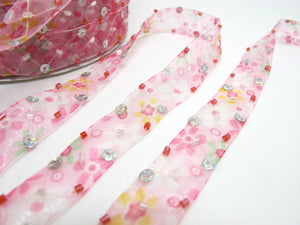 5/8 Inch Pink Beaded and Sequined Floral Embroidered Chiffon Ribbon|Beaded Embroidered Trim|Organza Trim|Craft Supplies|Scrapbooking