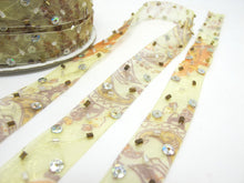 Load image into Gallery viewer, 5/8 Inch Brown Beaded and Sequined Floral Embroidered Chiffon Ribbon|Beaded Embroidered Trim|Organza Trim|Craft Supplies|Scrapbooking
