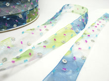 画像をギャラリービューアに読み込む, 5/8 Inch Blue Beaded and Sequined Floral Embroidered Chiffon Ribbon|Beaded Embroidered Trim|Organza Trim|Craft Supplies|Scrapbooking