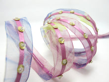 画像をギャラリービューアに読み込む, 2 Yards 5/8 Inch Purple Sequined Floral Embroidered Chiffon Ribbon with Satin Trim|Beaded Embroidered Trim|Organza Trim|Craft Supplies
