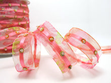 画像をギャラリービューアに読み込む, 2 Yards 5/8 Inch Fuchsia Pink Sequined Floral Embroidered Chiffon Ribbon with Satin Trim|Beaded Embroidered Trim|Organza Craft Supplies