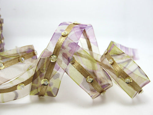 2 Yards 5/8 Inch Purple Sequined Floral Embroidered Chiffon Ribbon with Satin Trim|Beaded Embroidered Trim|Organza Trim|Craft Supplies