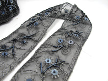 画像をギャラリービューアに読み込む, 2 3/16 Inches Black and Silver Embroidered Trim|Flower Lace Trim|Floral Sewing Supplies|Clothing Edging|Embroidery Decorative Embellishment