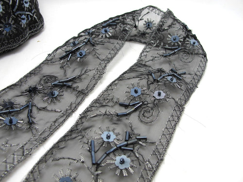 2 3/16 Inches Black and Silver Embroidered Trim|Flower Lace Trim|Floral Sewing Supplies|Clothing Edging|Embroidery Decorative Embellishment